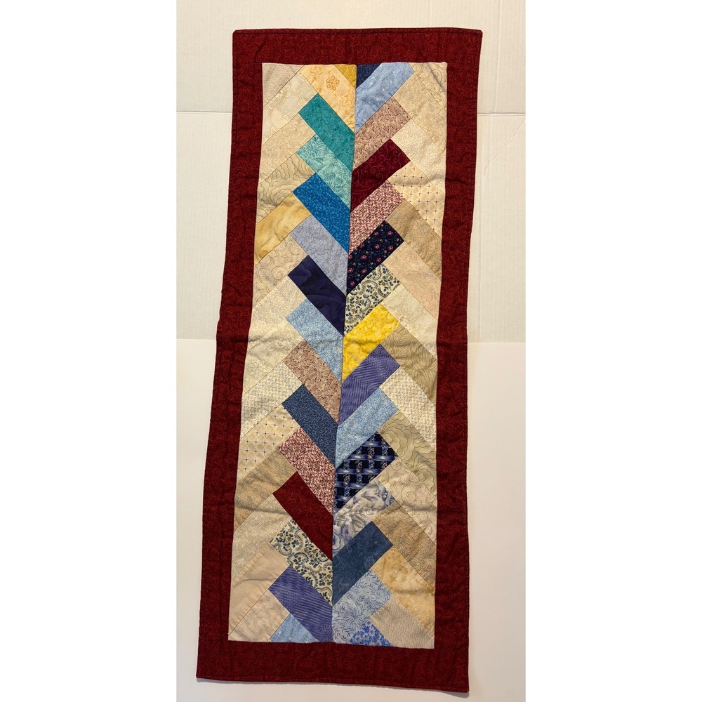 Handmade Vintage Quilted Table Runner Herringbone Patchwork Red Border 39x15.5